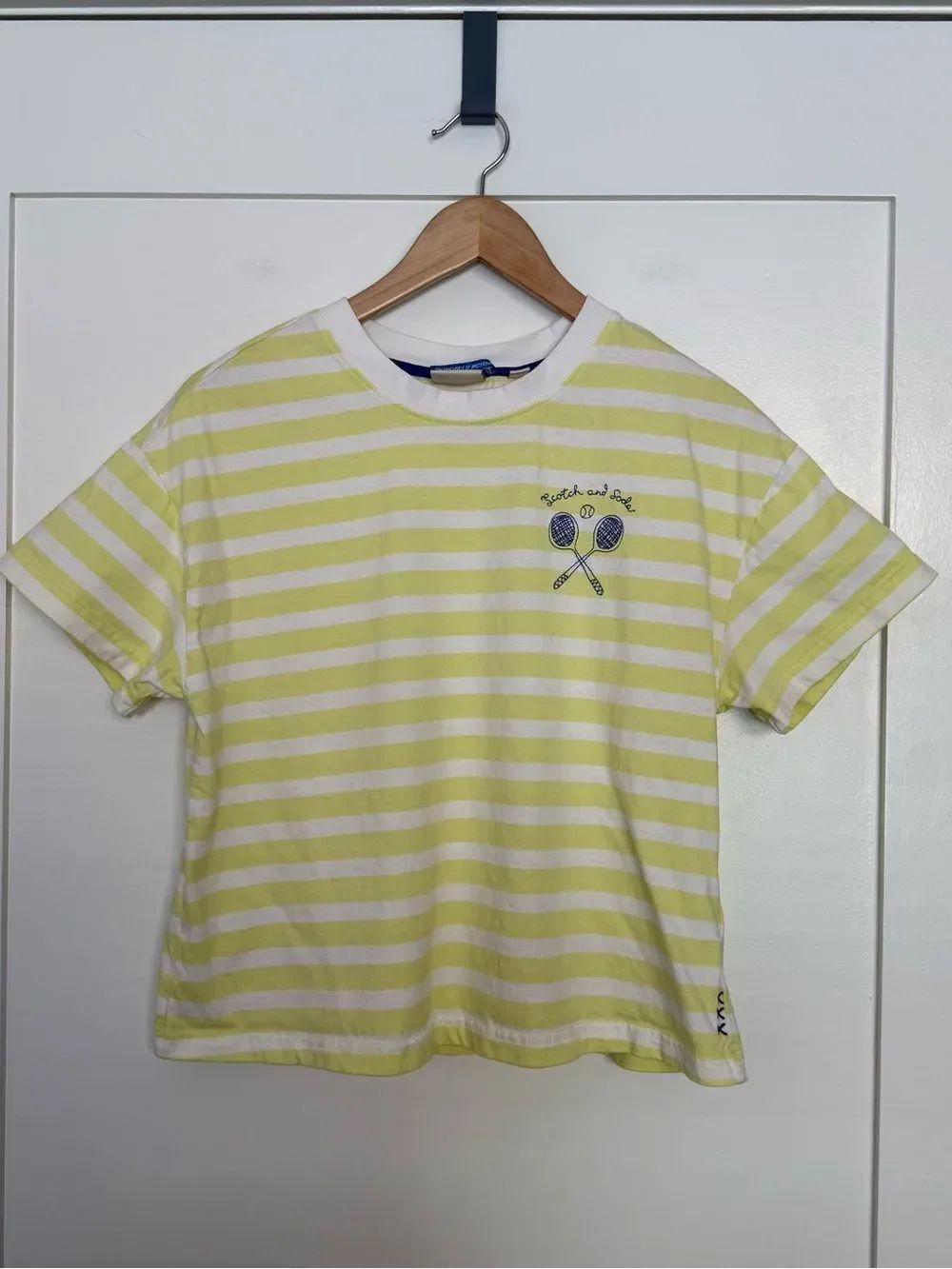 Scotch & Soda Boxy Tee Women Sz M Yellow White Striped Tennis Racket Embroidered